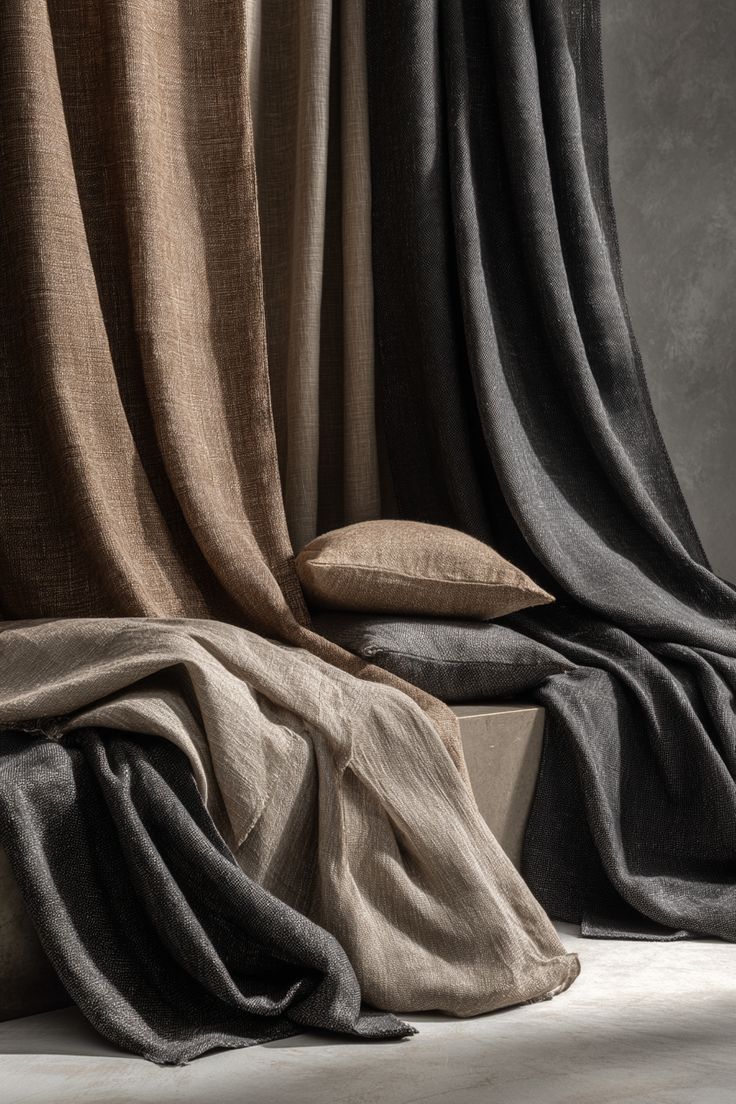 Woven curtains in layered earth tones, natural linen and charcoal
